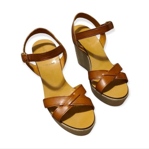 J. Crew Brown Leather Wedge Sandal Size 9 - Picture 2 of 11